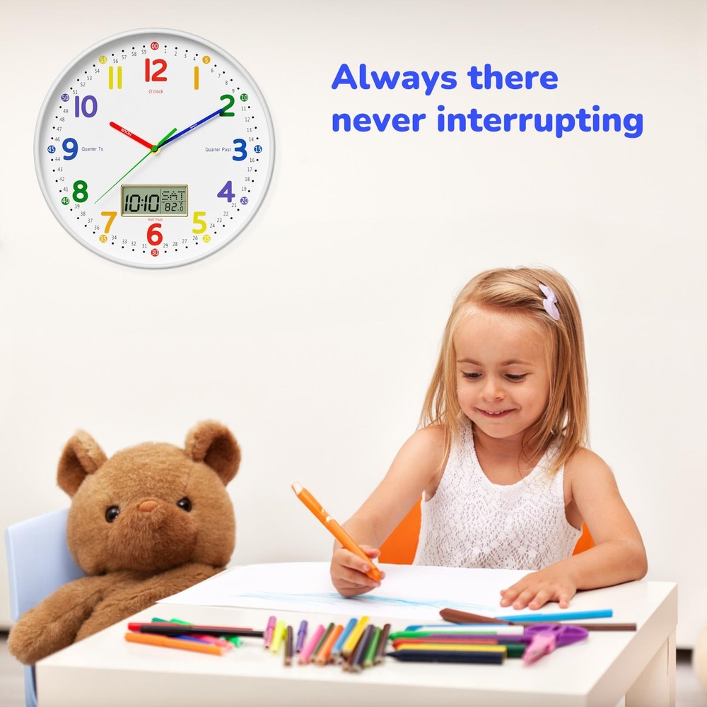 12" Silent Teaching Wall Clock with LCD Date Weekday Temperature Display – Te...