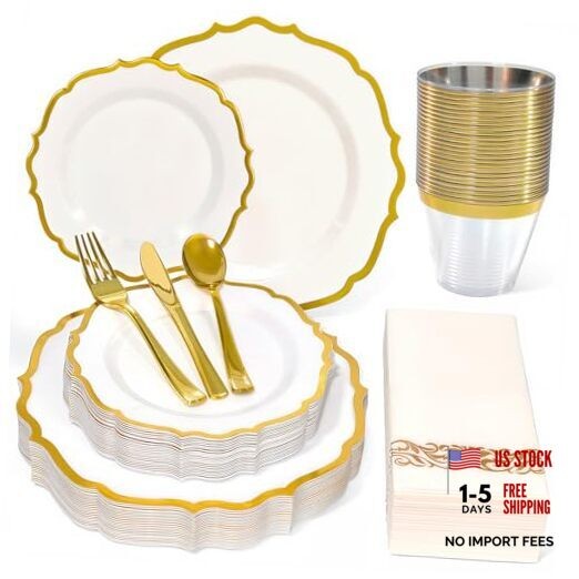 175 Plastic Dinnerware Set Disposable Dinnerware Set for 25guests(175PCS) Gold