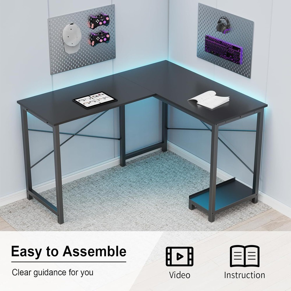L Shape Home Office Corner Computer Desk Gaming PC Table with CPU Stand Side Bag