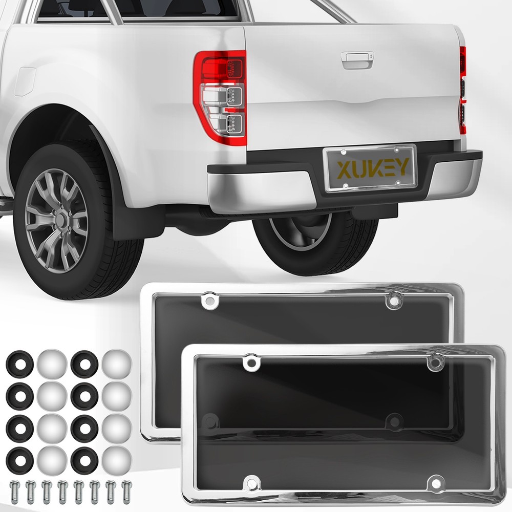 2 Unbreakable License Plate Covers+Frames Auto Tag Shield Protector Front Rear.