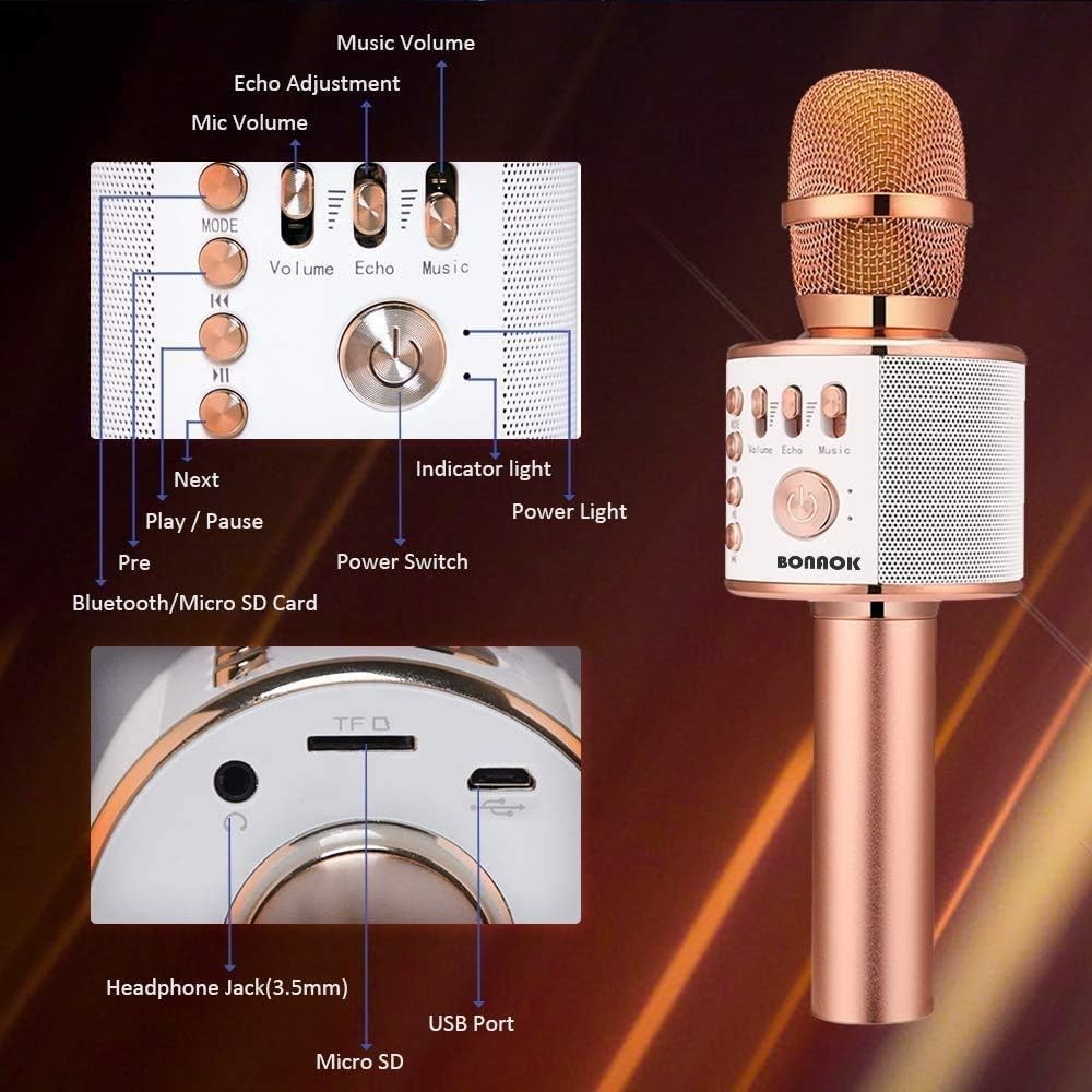 Portable Handheld Karaoke Microphone with Bluetooth & Volume Control – Rose Gold