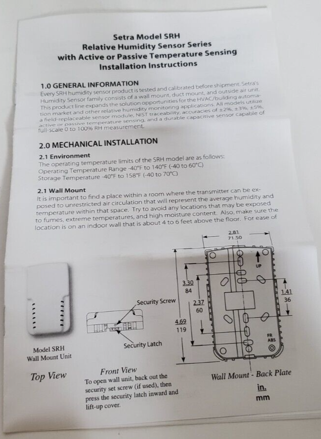 Setra SRH12PW11T0N SRH Relative Humidity Sensor Active/Passive