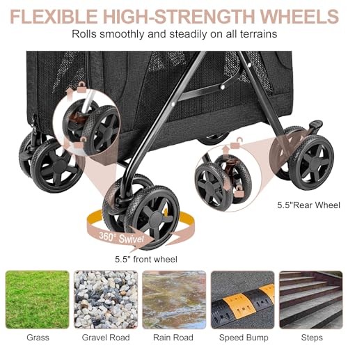 Double Pet Stroller with Detachable Carrier for Medium Small Dogs and Black