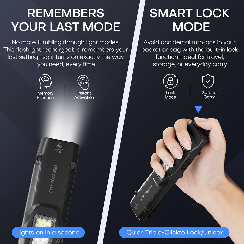 Tactical Flashlight Flat Flashlights Rechargeable Stainless Steel 8 Modes