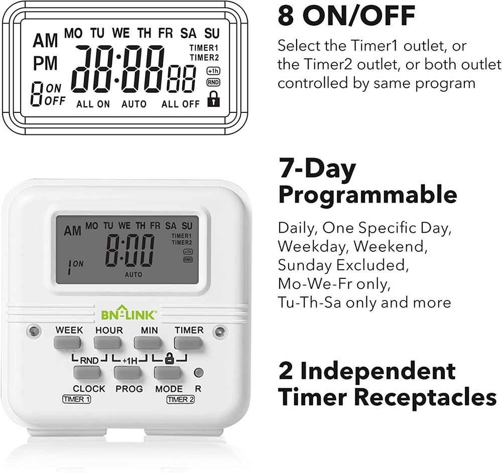 BN-LINK 7 Day Heavy Duty Digital independent Programmable Timer Dual two Outlet