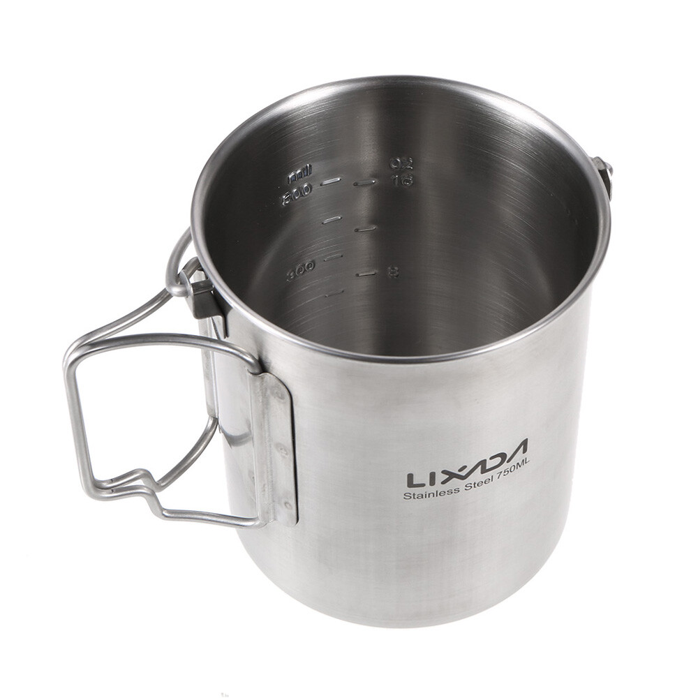 750ml Camping Pot Stainless Steel Cup w/ Lid & Foldable Handle N2H0