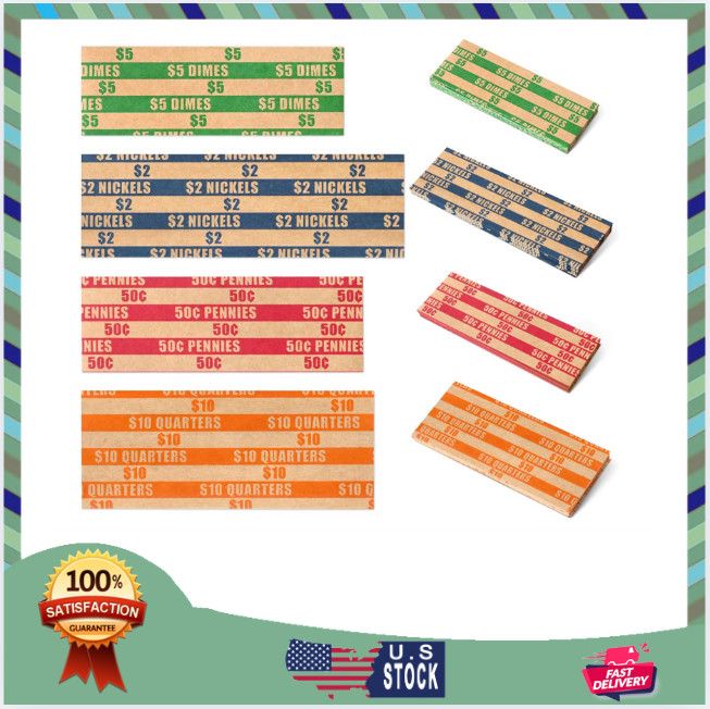 ESSENTIAL 100 pcs Assorted Packed Flat Stripped Coin Wrappers, Coin Rolls Wrappe
