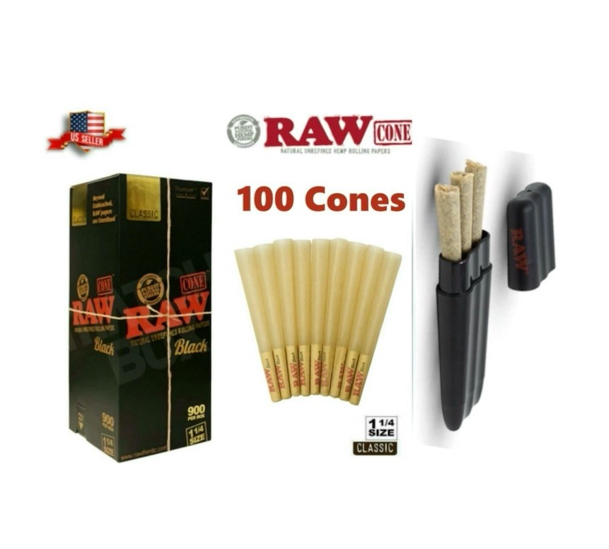 RAW black 1 1/4 size pre rolled cone + Raw Three Tree Cone Case