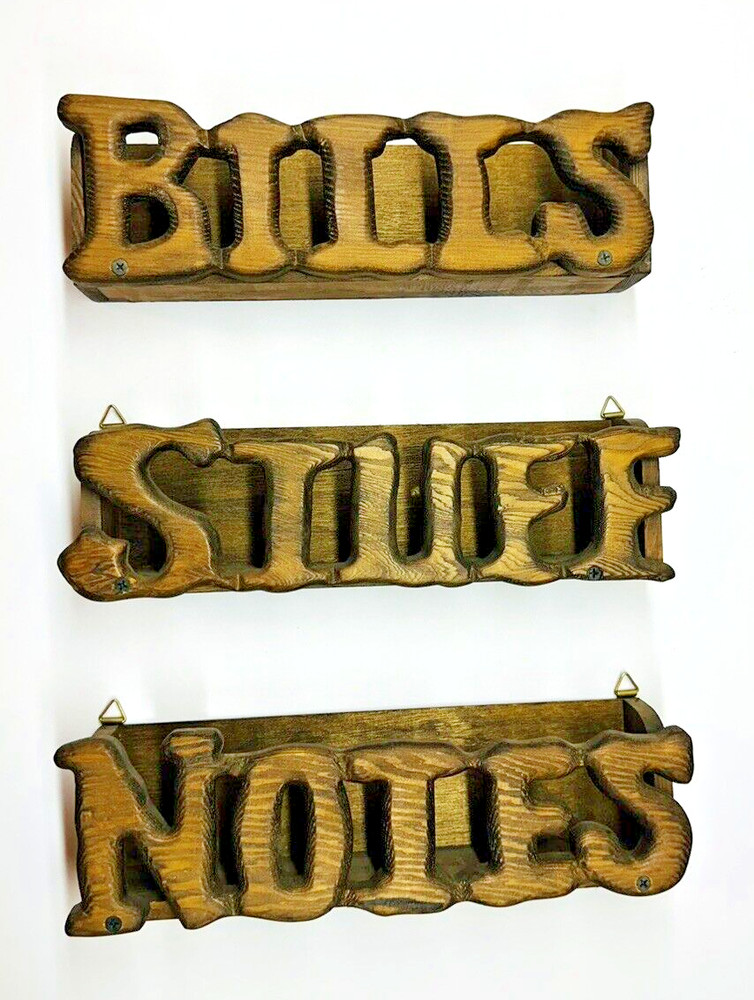 Vintage 3 Pc Wall Hanging Wood Organizer Pockets, "Bills" ,"Notes" & "Stuff"
