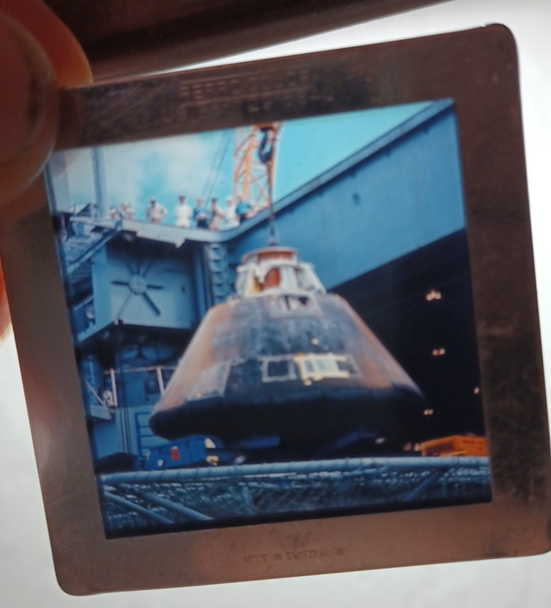 Apollo Command Module Being lowered on Ship after Return Perro color Slide JRR26
