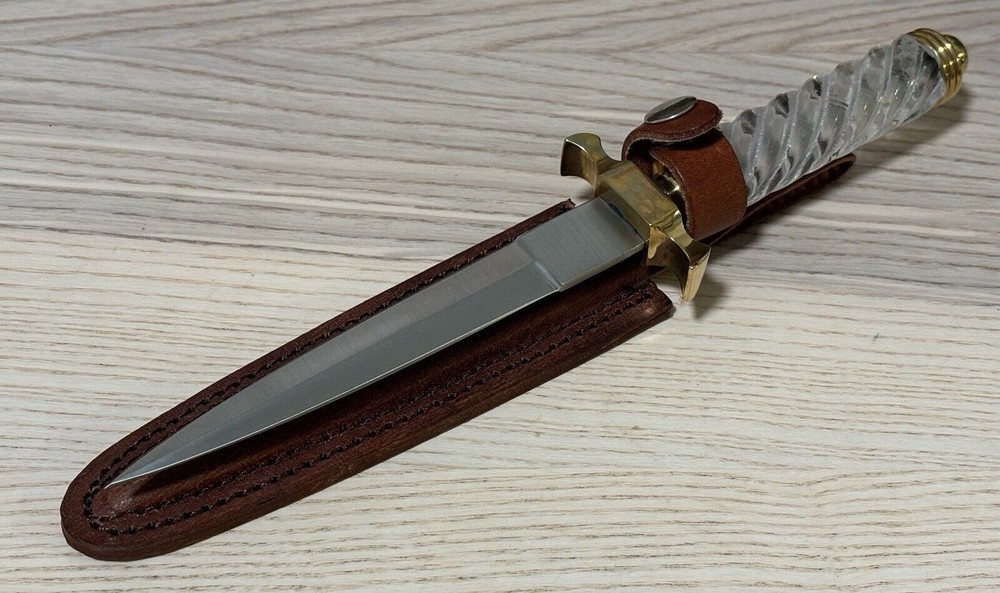 11” Boot Knife Ice Dagger Spear Tip Double Edge Brass Crystal Handle Leather