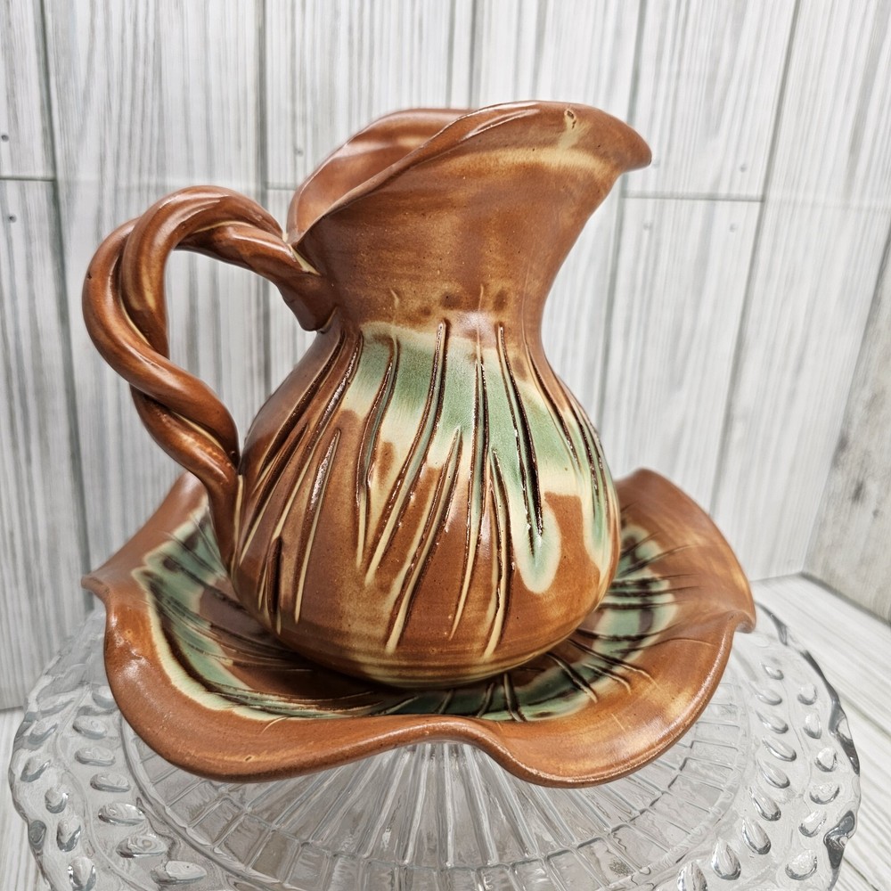 Art Studio Pottery Pitcher & Basin Twisted Handle Ruffled Basin Unique