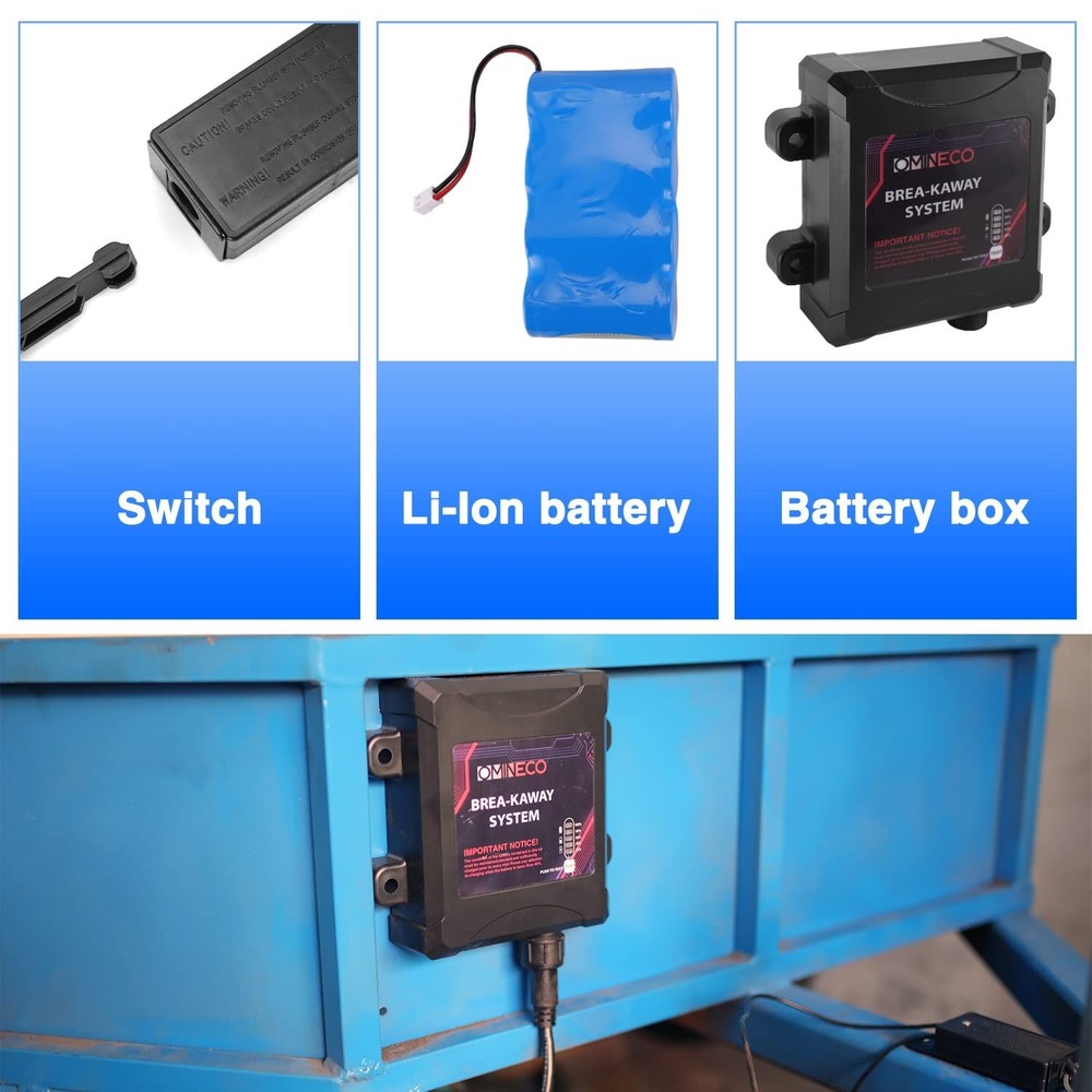 Trailer Breakaway System, Coiled Cable Switch, LED Indicator, 12V Battery Box...