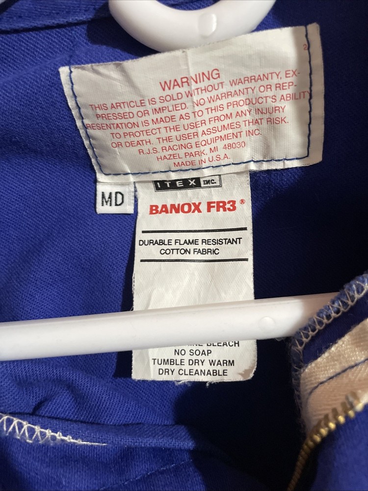 R.J.S. Racing Jacket SFI 3-2A/1 Single Layer Blue Size Medium Preowned