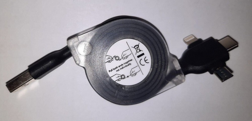 2-Pack 3' Ft 3-in-1 Multi Retractable USB TypeC iPhone Micro Charger Cable Black