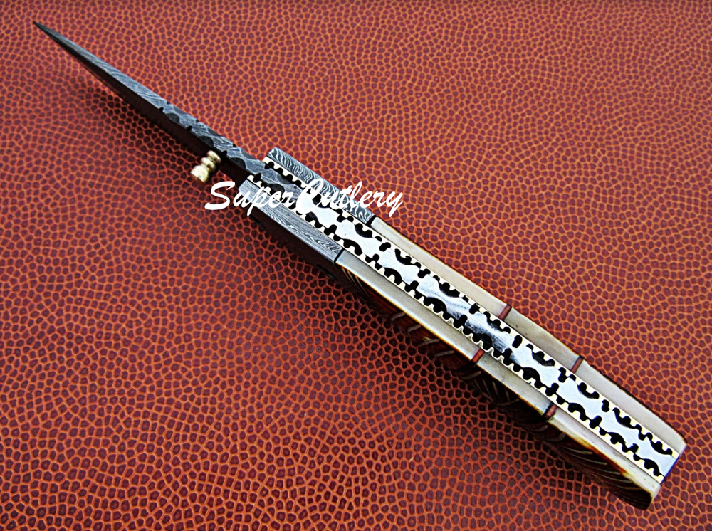 HAND CRAFTED DAMASCUS FOLDING KNIFE- ENGRAVED HAND FLAMED BONE HANDLE