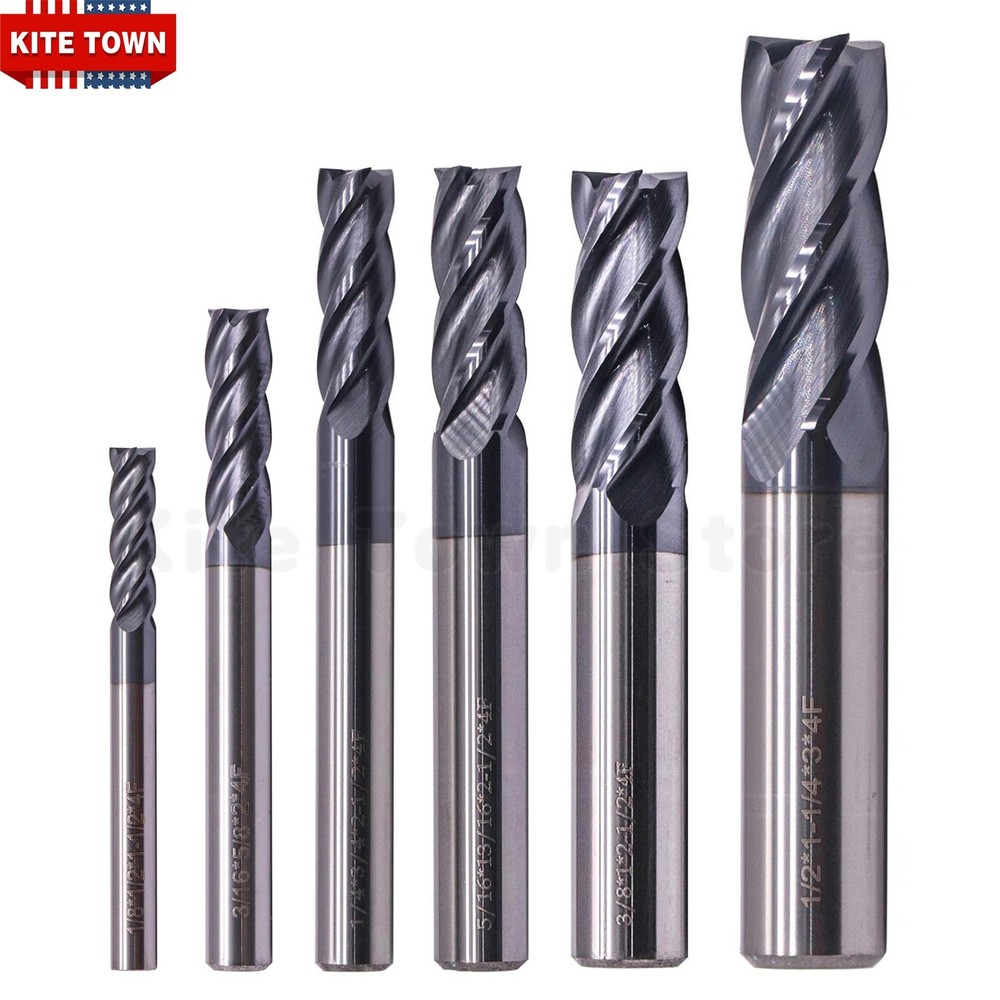 6Pcs 4 Flute Solid Carbide 1/8" - 1/2" End Mills Set - AlTiN Coated