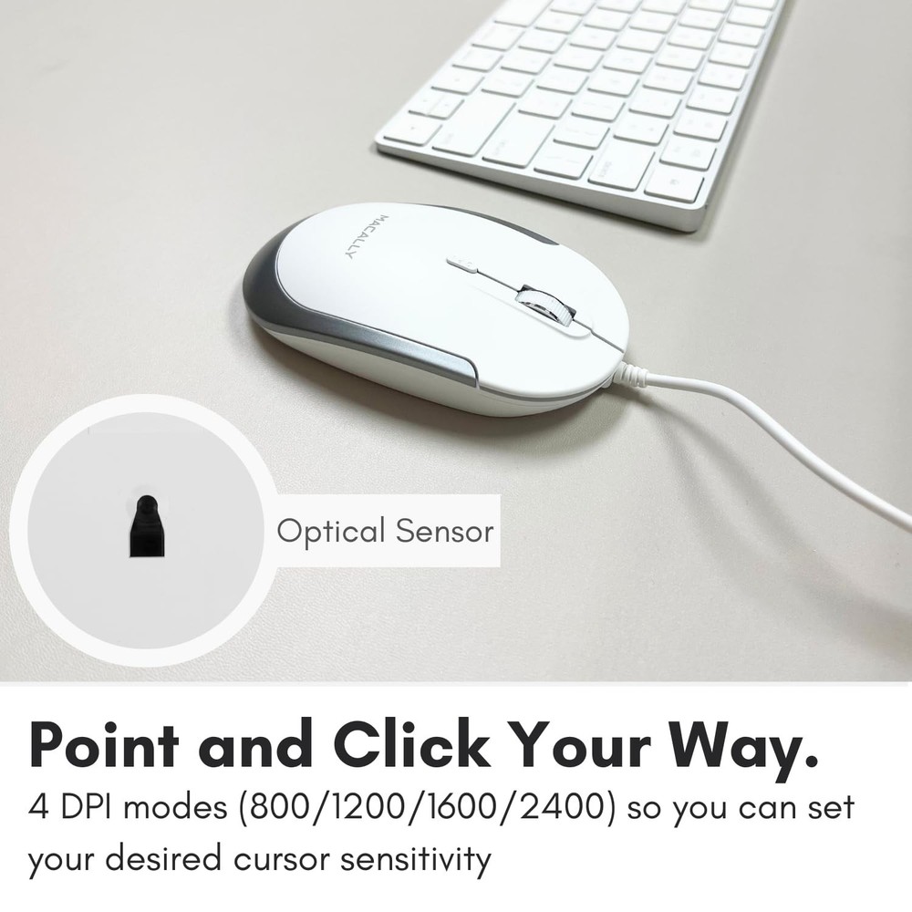 Macally Silent Wired Mouse - Slim & Compact USB Mouse for Apple Mac or Window...
