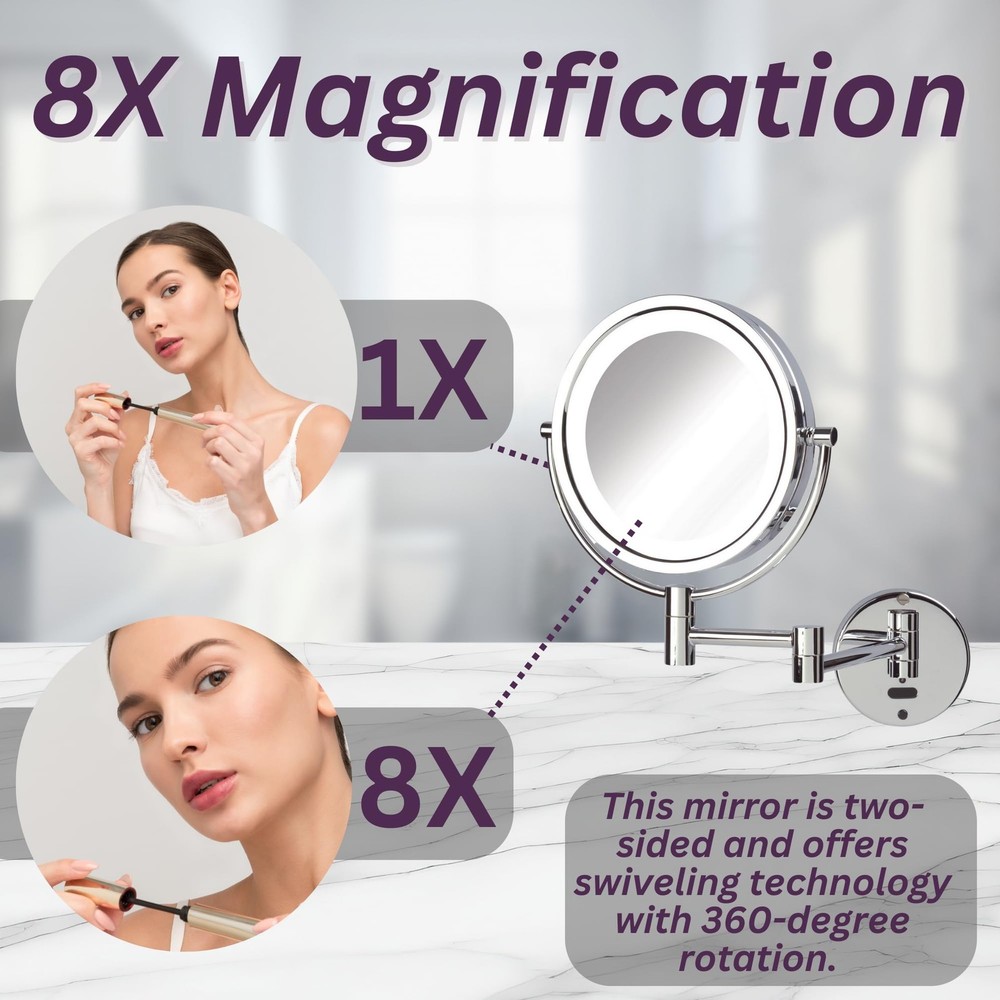 Sharper Image Wall-Mounted Lighted Motion Makeup Mirror - 8X-1X Magnification...