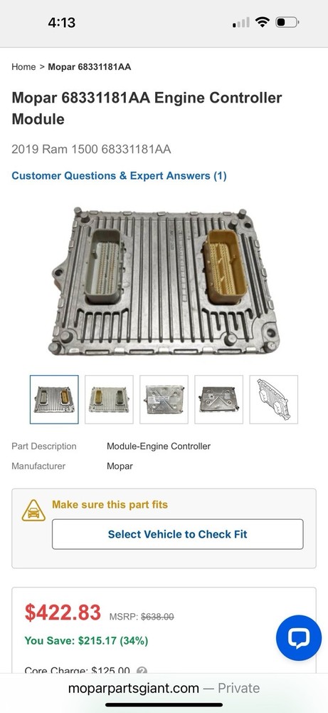 2019 RAM 1500 ENGINE CONTROLLER MODULE 68331181AA Mopar CONTROL OEM Continental