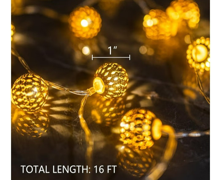 Dazzle bright 50 LED 16ft string lights Moroccan Globe, battery powered, 8 modes