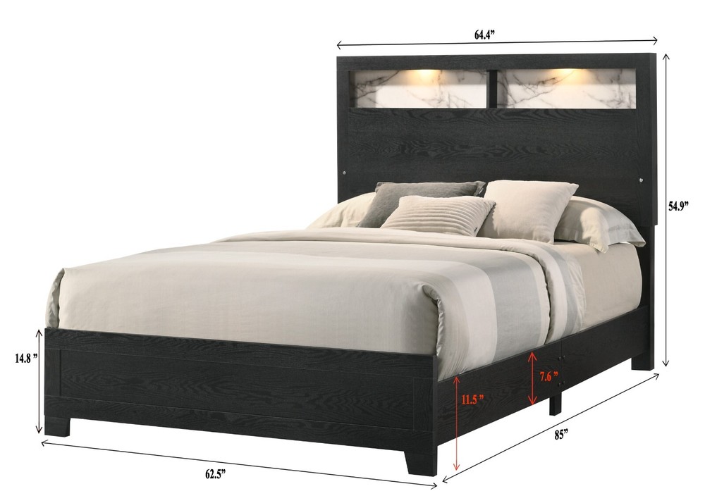 Modern Black & White Marble 1pc Queen Size Panel Bed LED Backlight Headboard