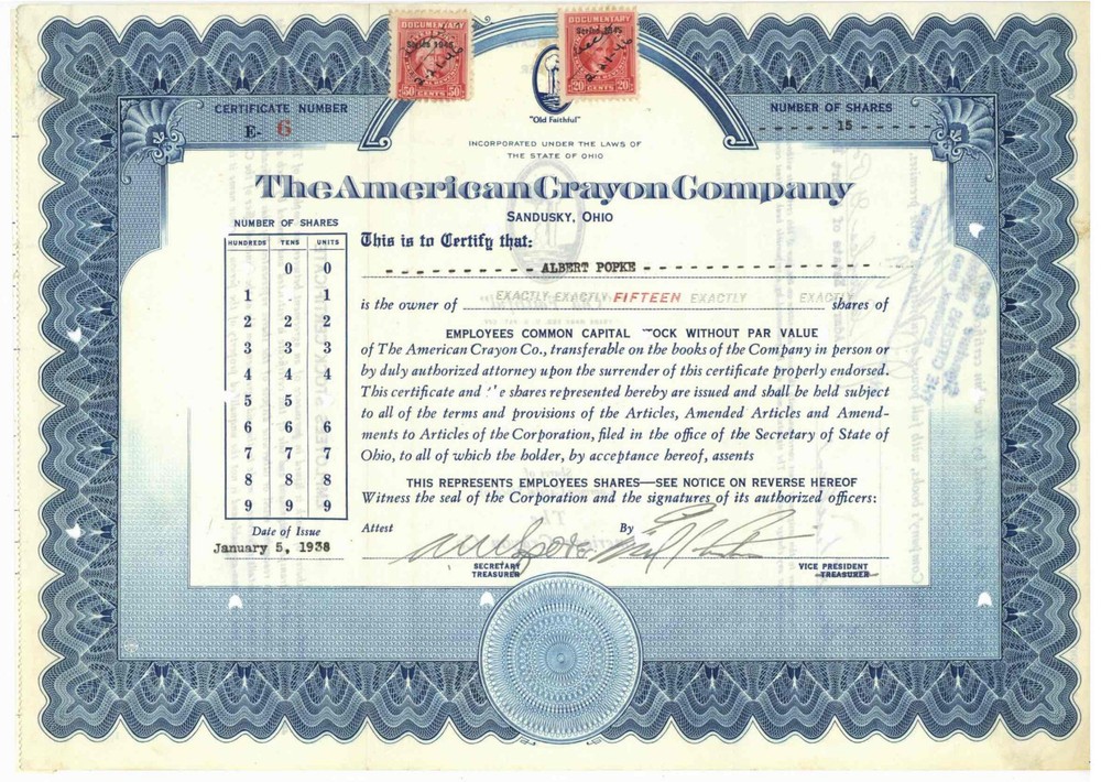 American Crayon Company. Stock Certificate. Ohio. 1938