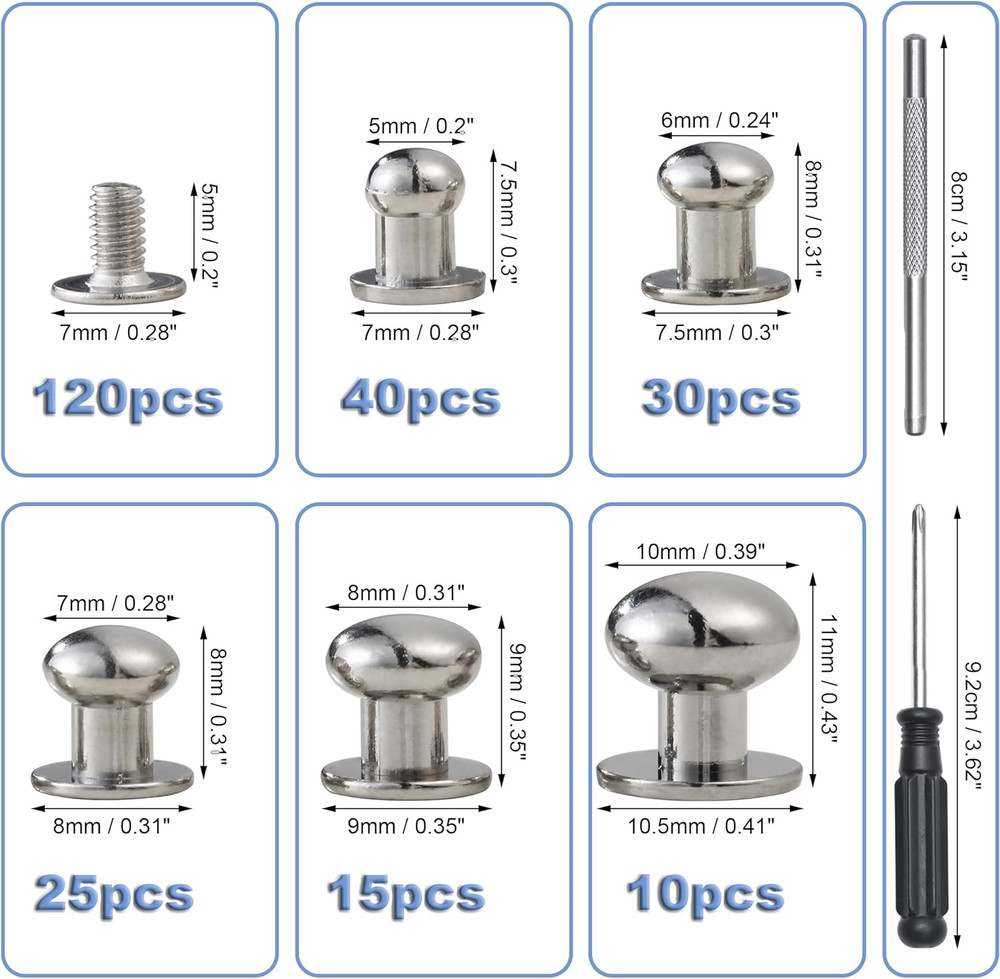 120 Sets Round Head Button Stud Assorted Sizes Button Screw Stud for Leather Chi