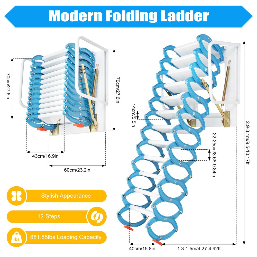 🔥12 Steps Loft Wall Folding Pulldown Attic Ceiling Ladder Stairs 1102.3 lbs