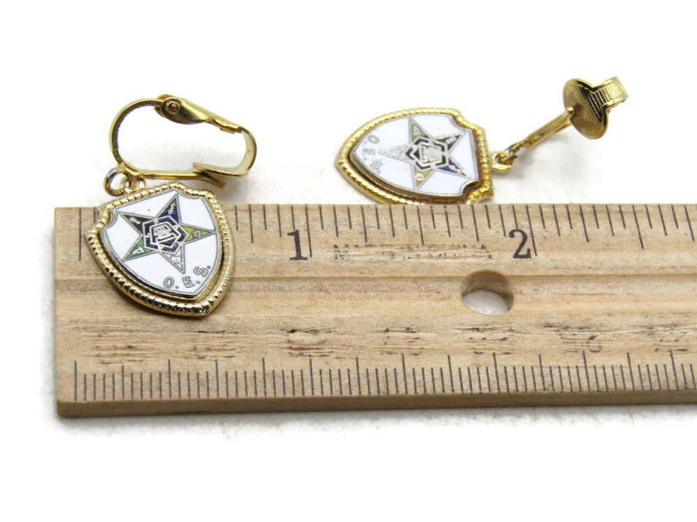 O.E.S. Lettered Crest Earring Set White & Gold Tone