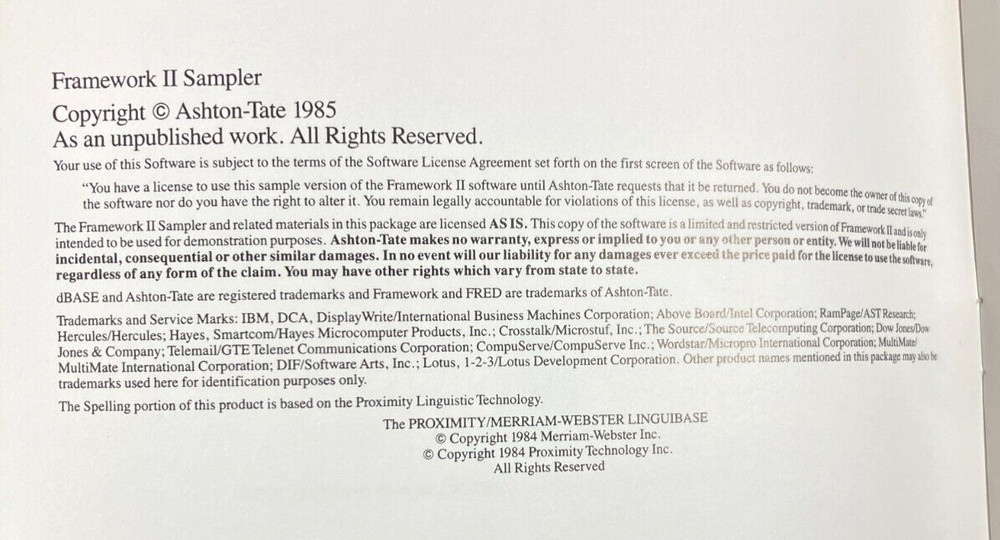 Vintage Ashton-Tate Framework II 2-Disk Sampler Software 5.25" & Booklet IBM PC