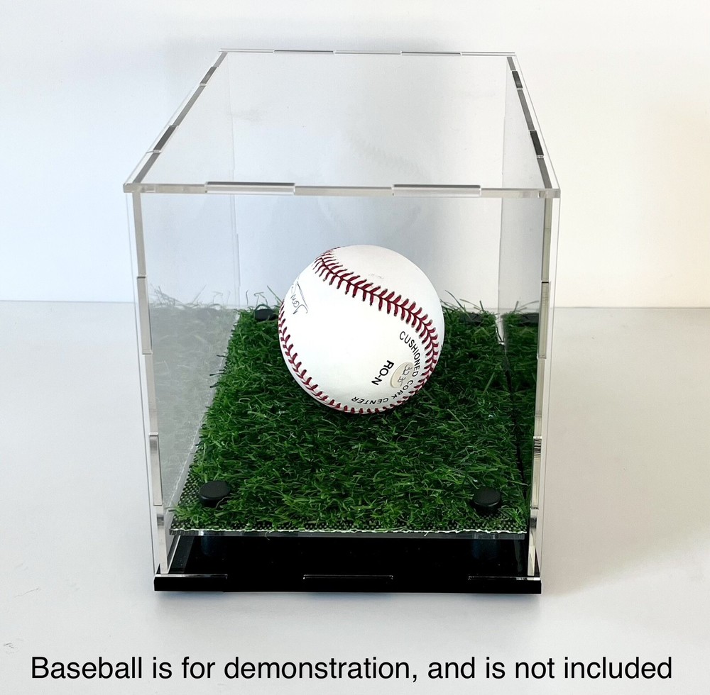 2-Pack! NEW Baseball Display Case Cube w/ Artificial Turf Grass and Back Mirror
