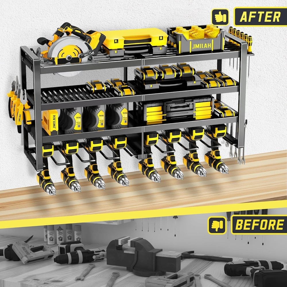 Power Tool Organizer Wall Mount Heavy Duty 4 Layer 8 Drill Holder Garage Storage