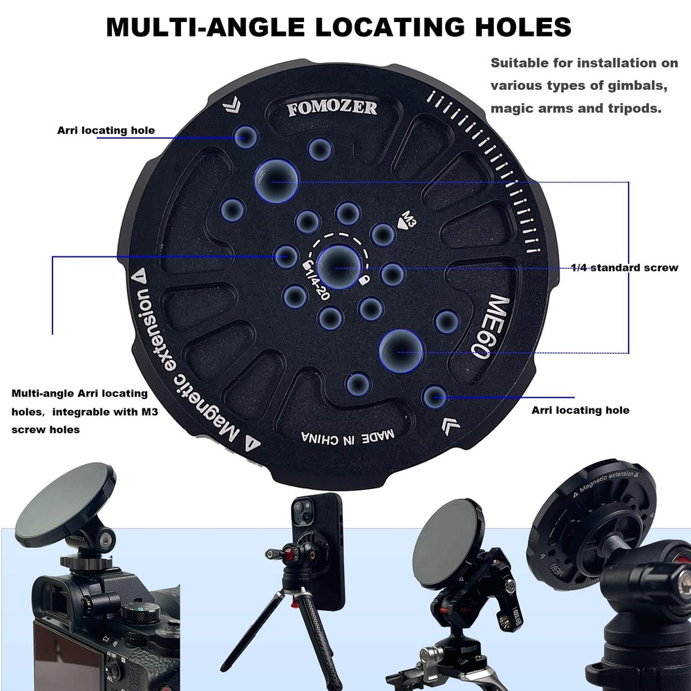 Magnetic Tripod Mount Adapter with 1/4" Threads & Multi-Angle Arri Holes, Mag...