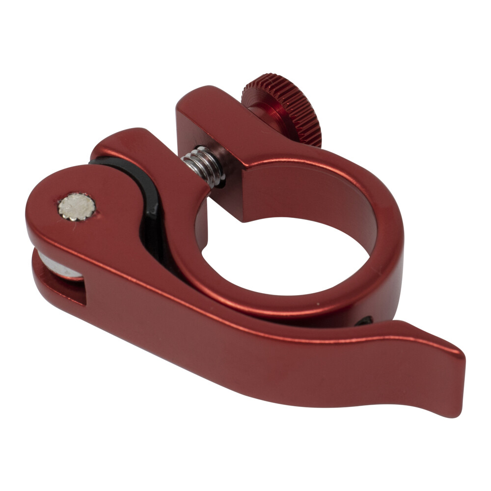 GENUINE ALLOY SEATPOST CLAMP (OUTER DIAMETER 25.4MM) QUICK RELEASE RED.
