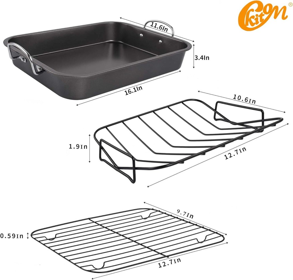 kitCom Nonstick Roasting Pan, Roaster with Rack - 16 Inch Rectangular Grill Suit