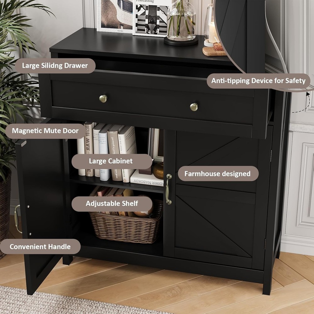 Buffet Sideboard W/ 2 Barn Doors,Black Kitchen Cabinet W/ Adjustable Shelf