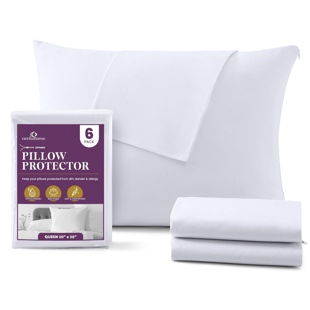 CirclesHome Pillow Protectors 6 Pack Queen Zippered - 100% Cotton Breathable ...