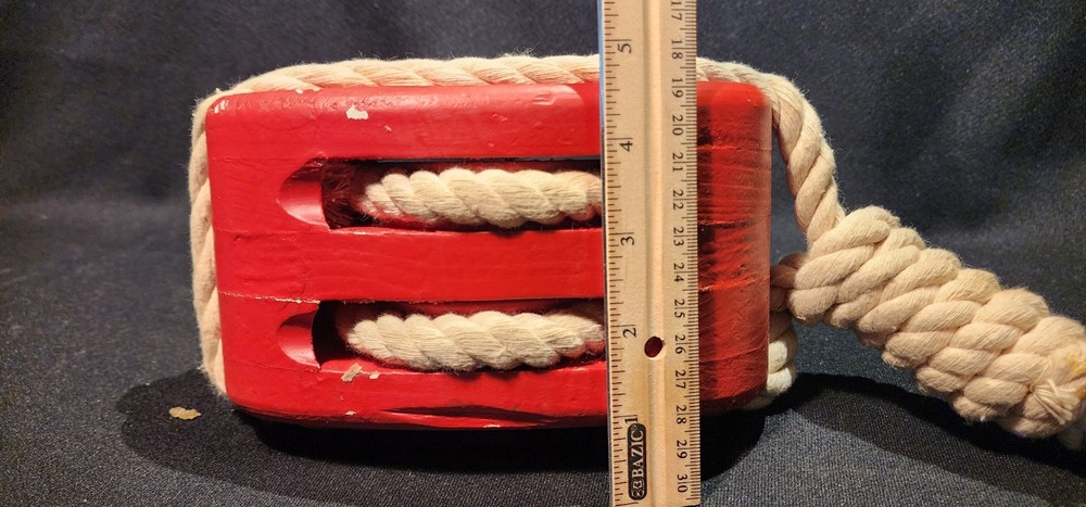 Decor Red Wood Pulley With Rope -Nautical -Barn- Rustic