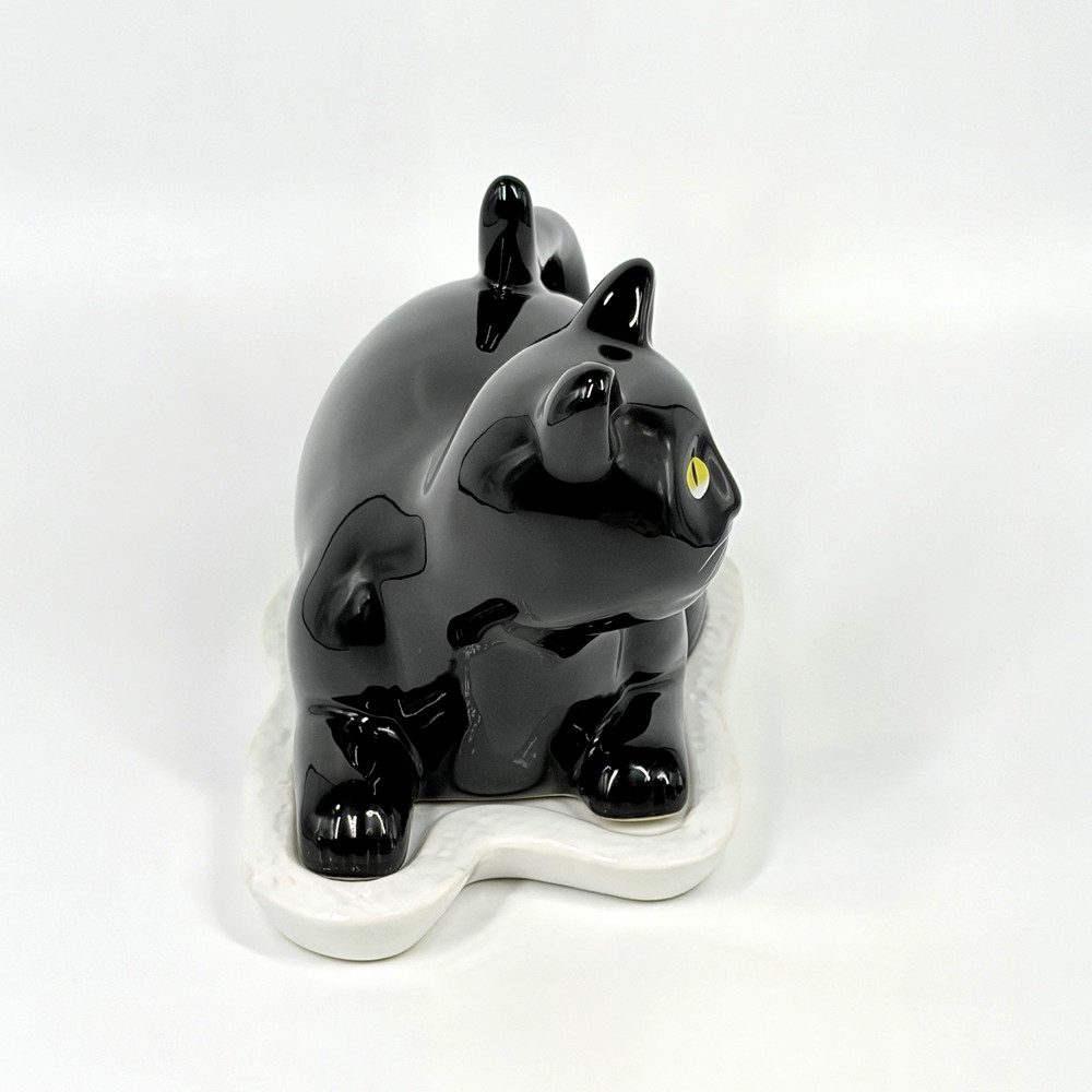 Ceramic Black Cat Butter Dish 9" Covered Plate Yellow Eyes Tail Handle