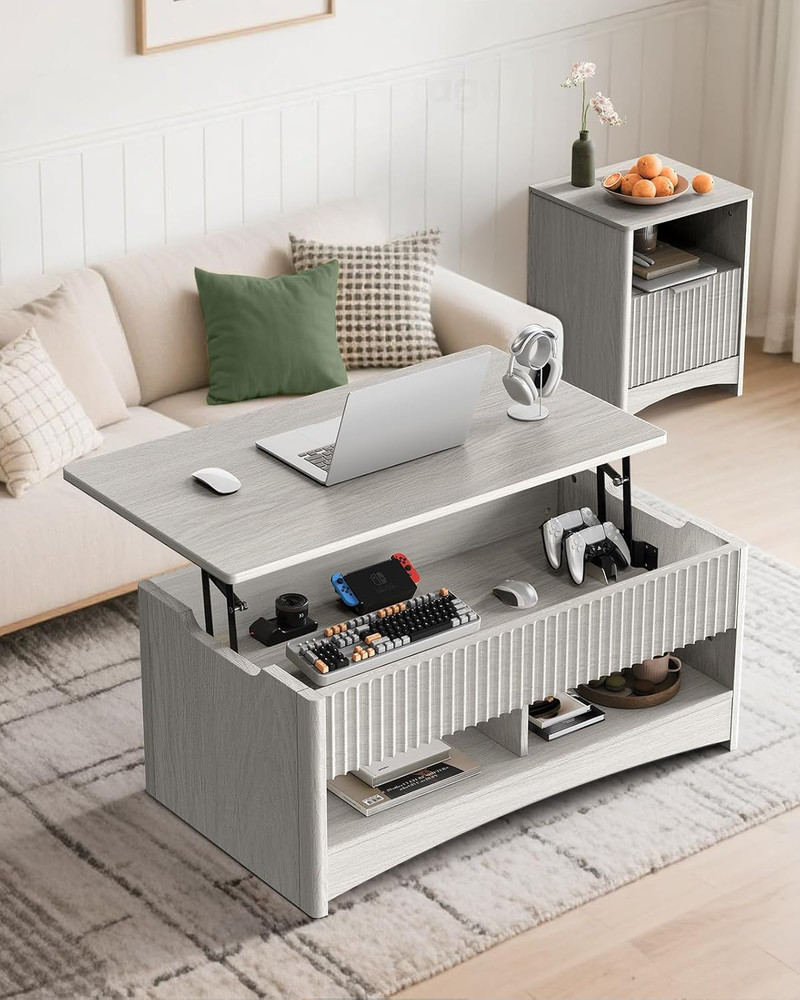 Modern Lift Top Coffee Table with Storage - Light Grey Fluted Design