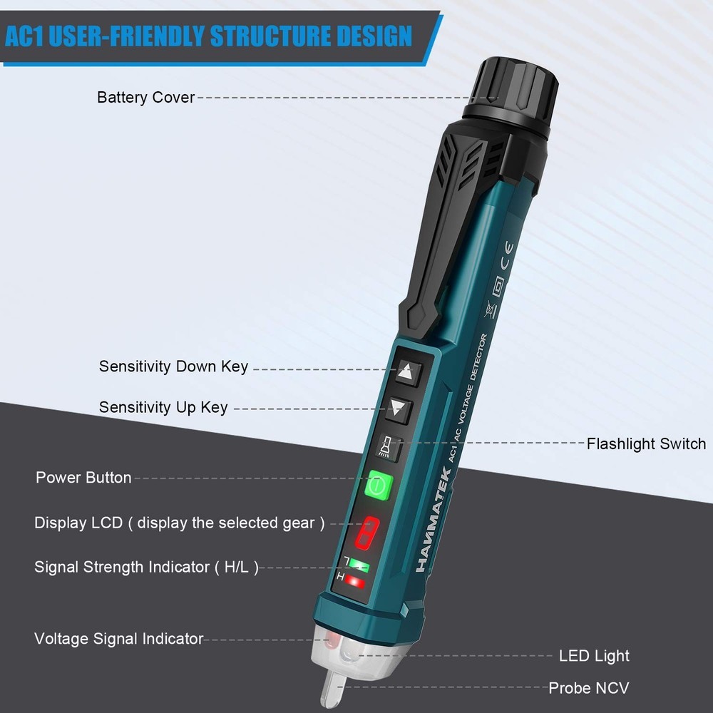 Digital AC Circuit Tester with 9 Adjustable Sensitivity Gears & LED Flashlight
