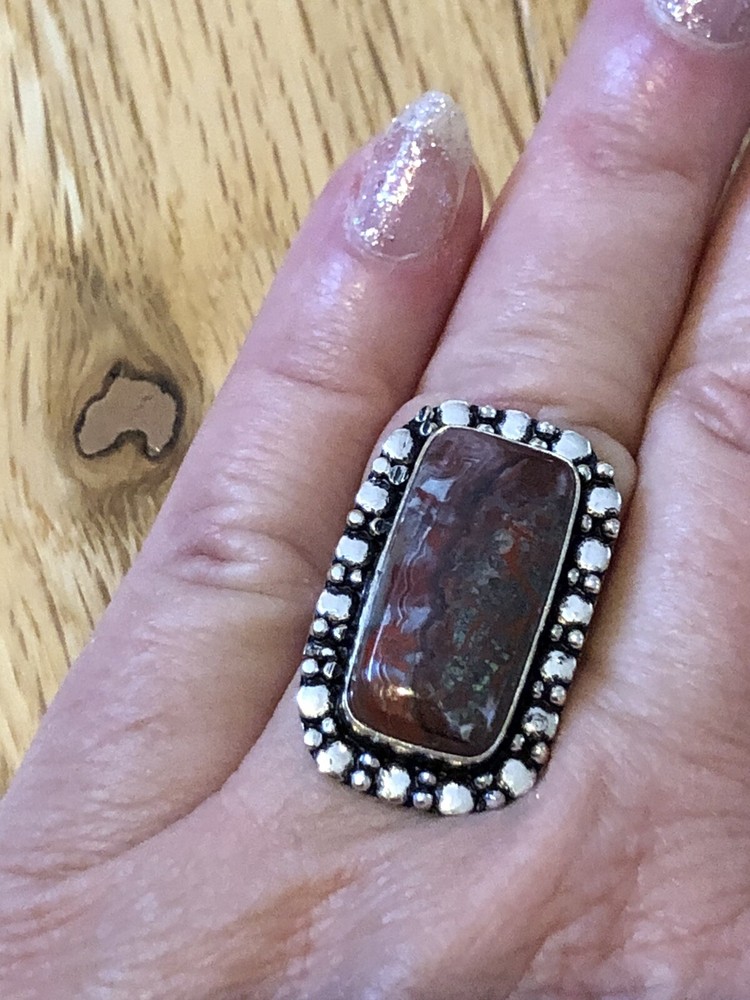 Red Lake Superior Agate Rectangular Cushion Ring Size 7.5 Artisan Southwest