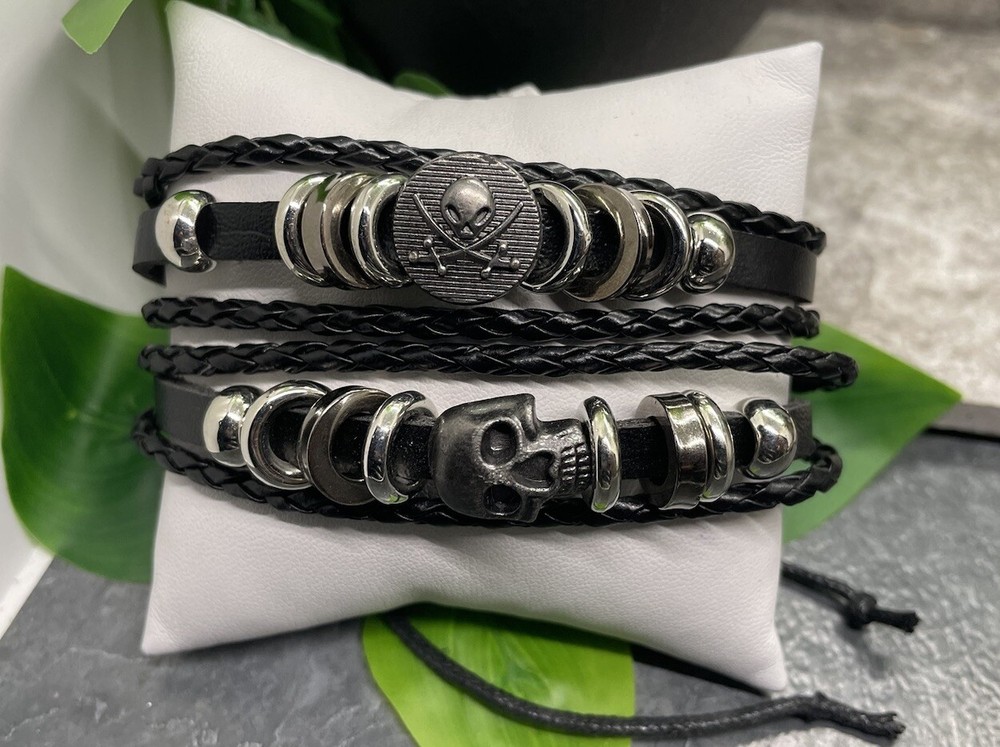 2 PC Leather Bracelet Stackable Adjustable Tie Free Ship Skull B3271