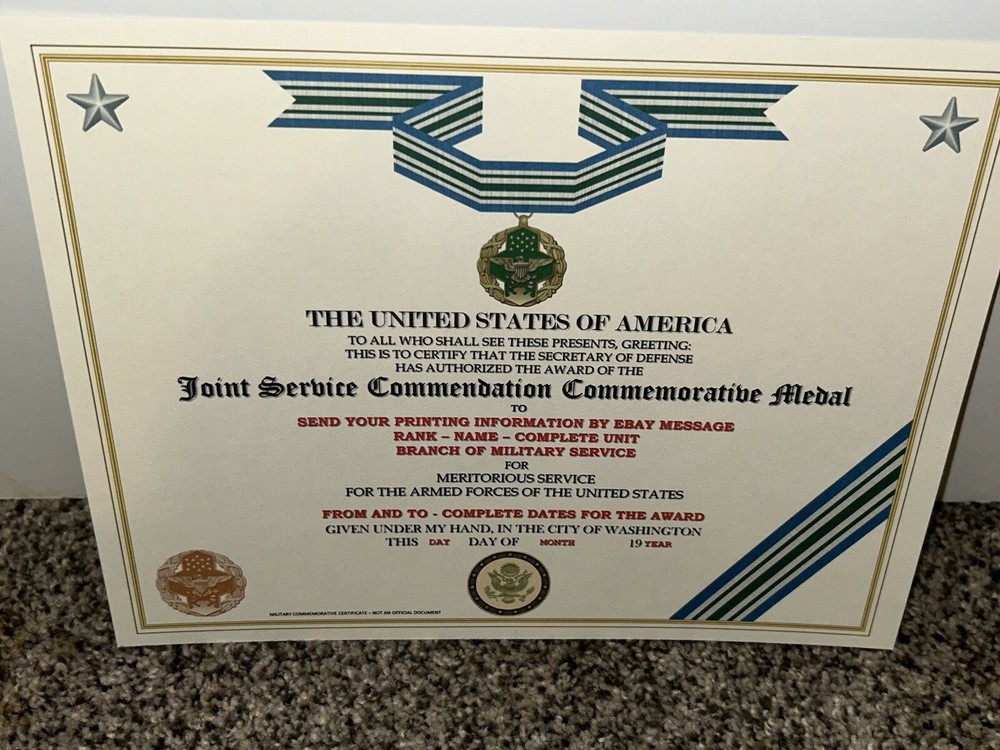 JOINT SERVICE COMMENDATION MEDAL COMMEMORATIVE CERTIFICATE ~TYPE-2 w/PRINTING