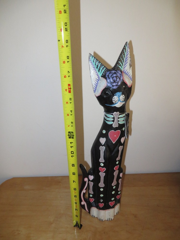 Solid Wood Skeleton Cat Statue Figure Made in Indonesia.