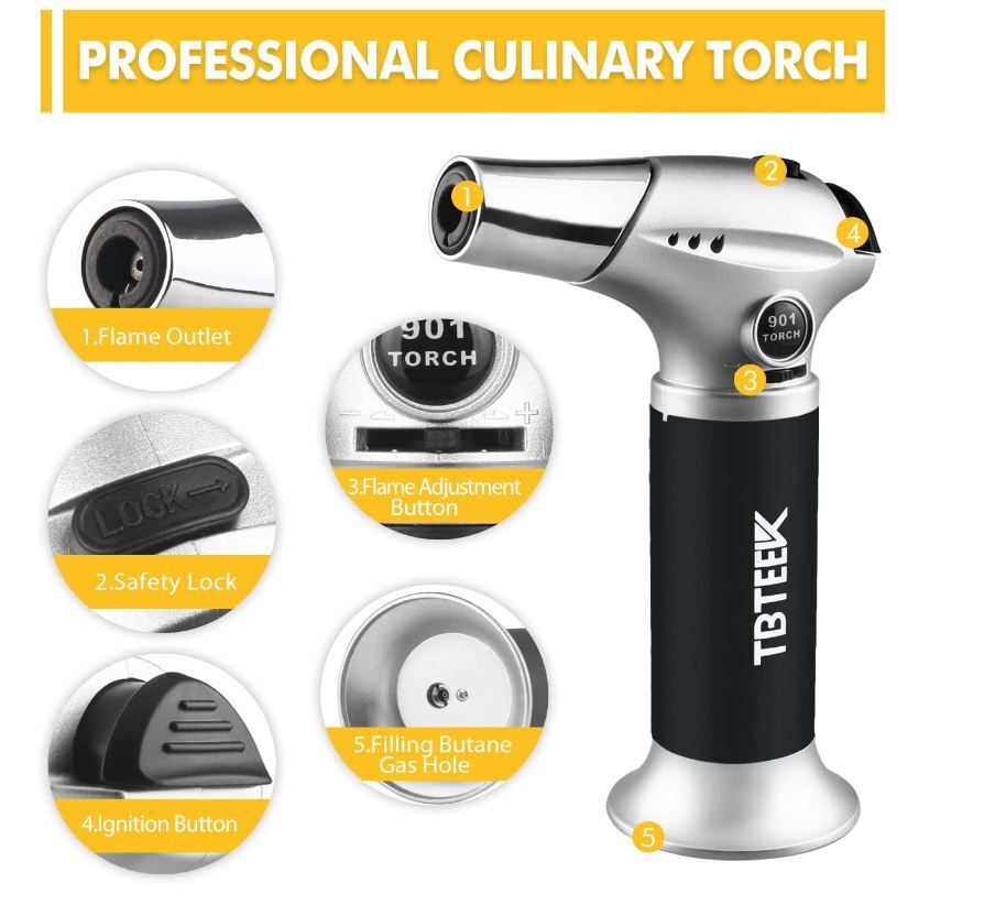 Butane Torch Refillable Kitchen Safety Lock Adjustable Flame Handheld Cooking Li