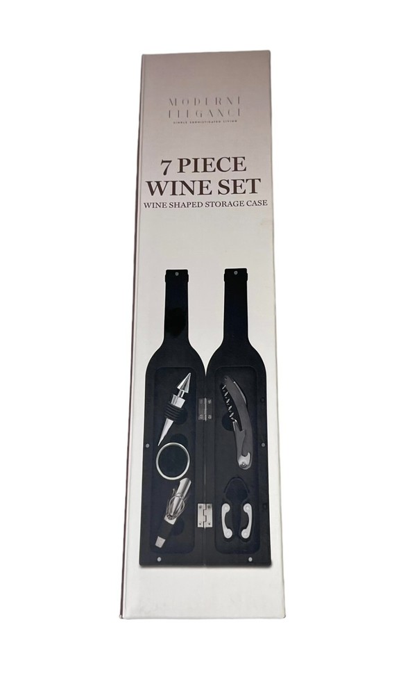 Modern Elegance 7 Piece Wine Tool Set Wine Shaped Storage Case New Great Gift