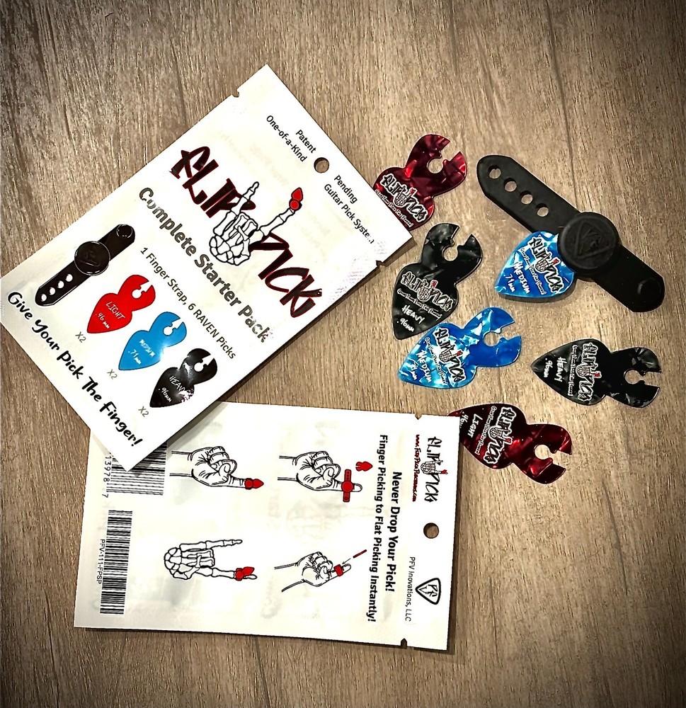 Flip Pick Starter Pack Finger Mounted Guitar Pick System + Strap & 6 Picks Light