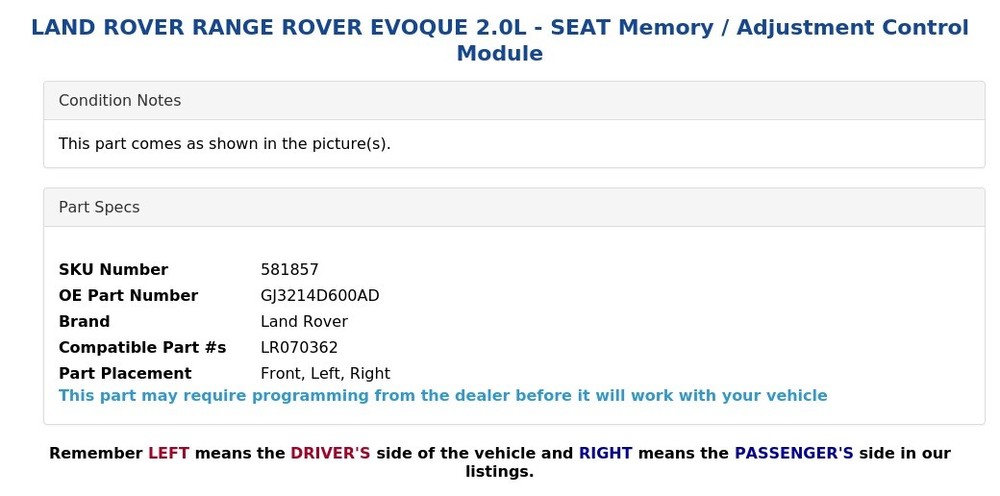 LAND ROVER RANGE ROVER EVOQUE 2.0L - SEAT Memory / Adjustment Control Module